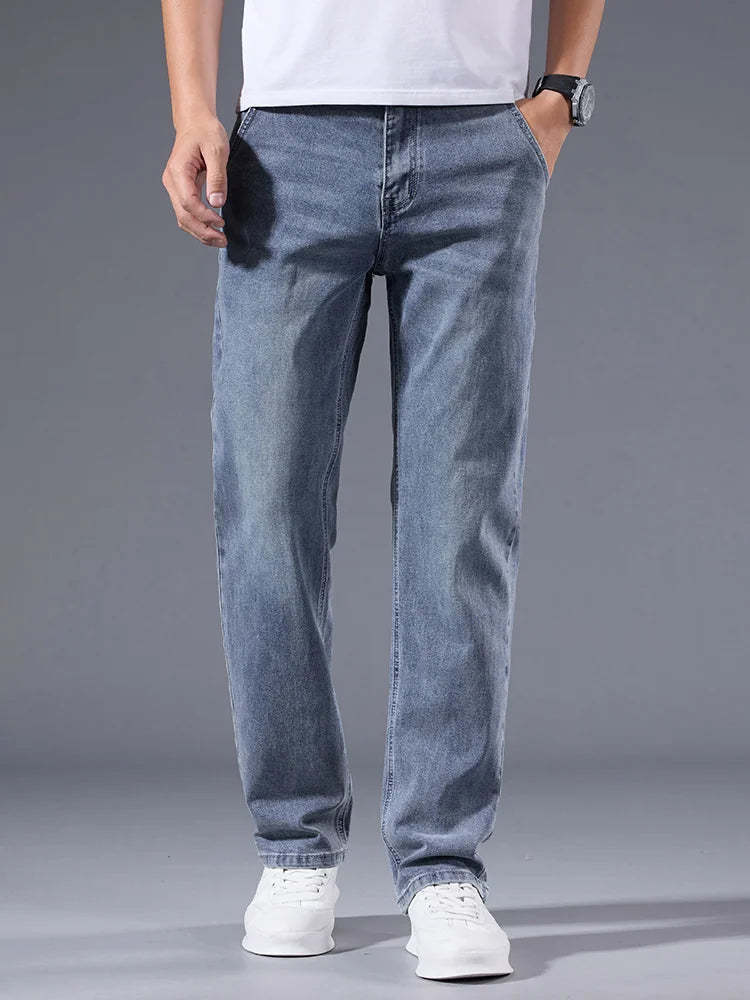 Men's Winter Fleece Thicken Lightweight Business Straight Leg Jeans Solid Color Versatile Slight Elastic Long Pants