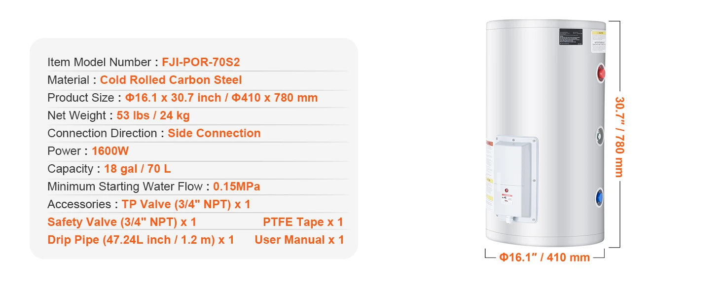 SucceBuy Electric Water Heater 40/70L Tank Instant Hot Water Heater 1.6Kw Tankless Water Heater w/ LED Display Knob Control IPX4