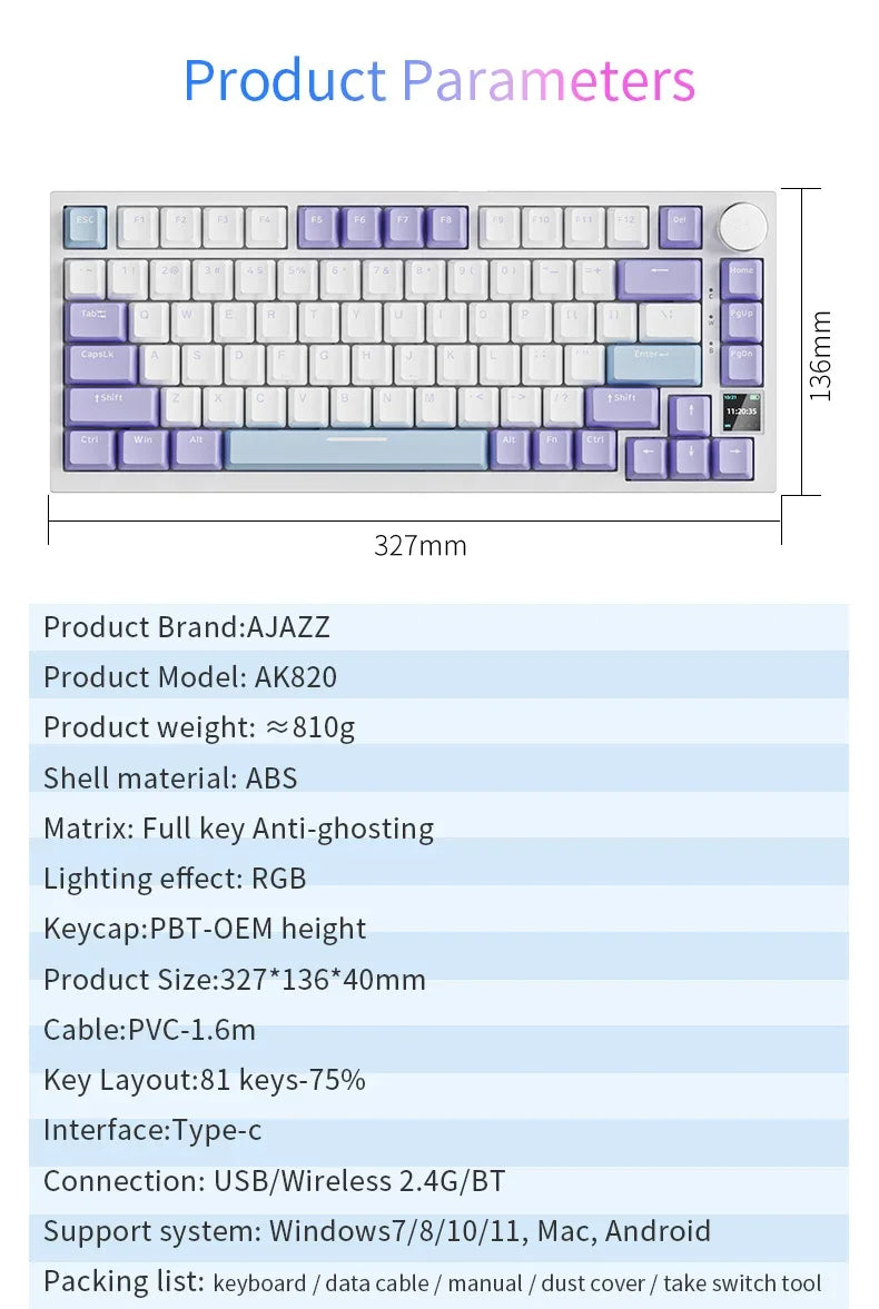 AJAZZ AK820 Wireless Gaming Keyboard, GASKET Structure, RGB Backlight, 5-Layer Sound Dampening Foam, PBT Keycaps