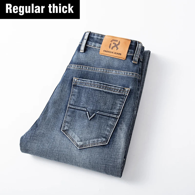 2025 Autumn New Men Regular Fit Stretch Jeans Classic Style Smoky Gray Fashion Casual Denim Pants Male Brand Trousers Blue
