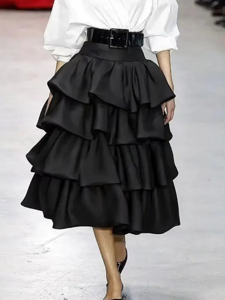 Women's Falbala Layered Elegant High-Waist A-Line Skirt - Black