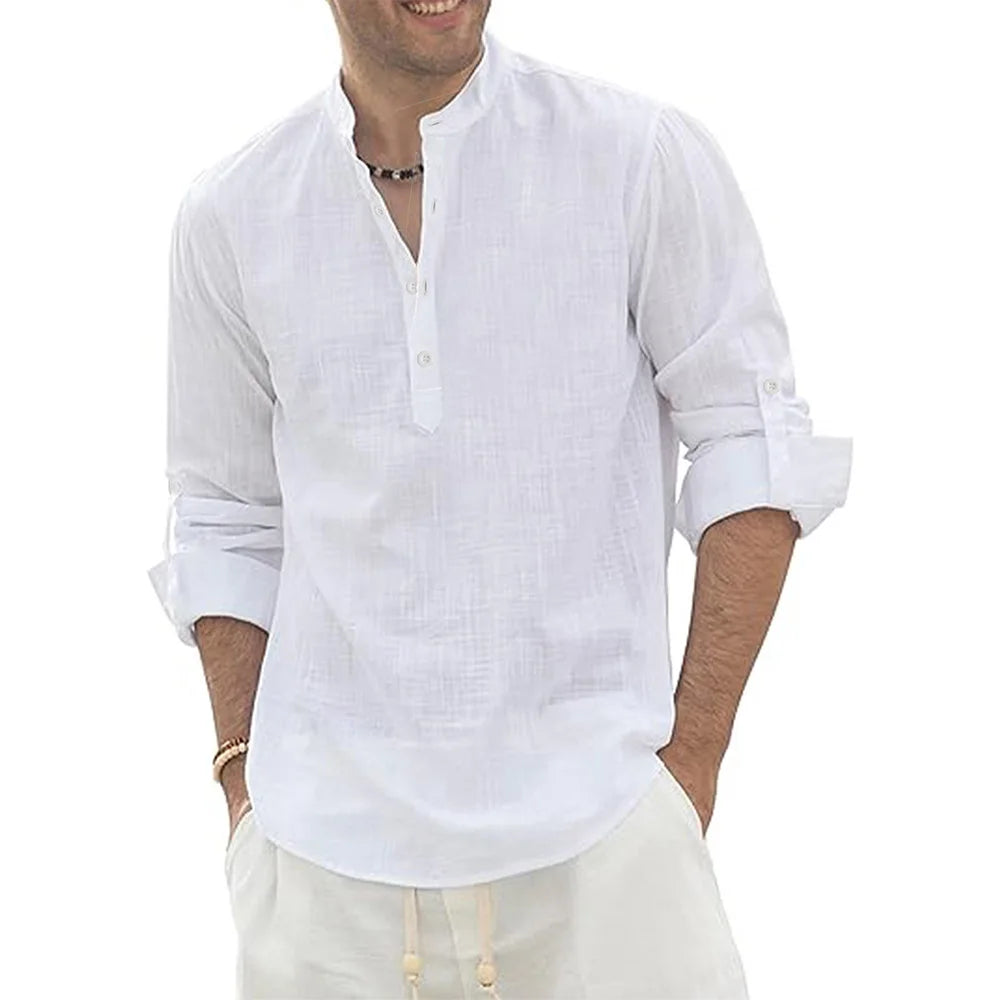 Men's Cotton Linen Long Sleeve Polo Shirt
