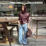 Vintage Women's Leather Jacket Stand Collar Pocket Short Coats Retro Waistband Zipper Outwear 2025 New Autumn Winter Lad Jackets