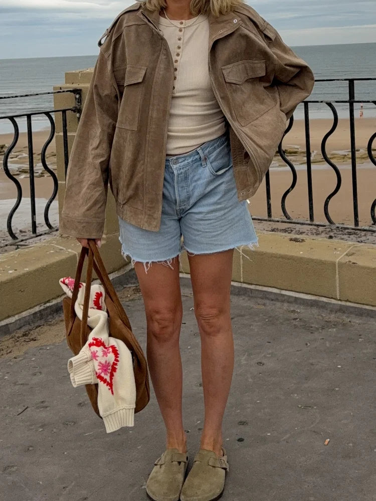 Brown Retro Suede Lapel Zippered Short Jackets Women's Casual Full Sleeves Pocket Loose Coats 2026 Spring Daily Commute Outwear