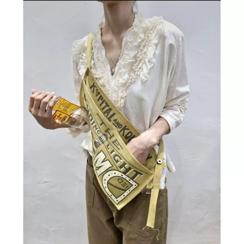 Vintage Letter Print Canvas Waist Bag for Women Multifunctional Crossbody Bag, Casual Apron Chest Bag, Streetwear Fanny Pack