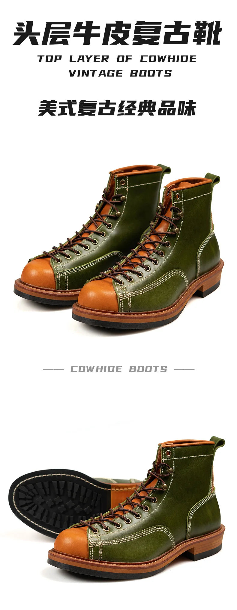 KOWM Hiking shoes men's cowhid boots British leather trekking shoes thick soled ankle sneakers cowhide high top motorcycle boots