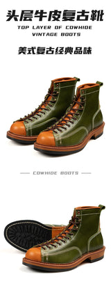 KOWM Hiking shoes men's cowhid boots British leather trekking shoes thick soled ankle sneakers cowhide high top motorcycle boots