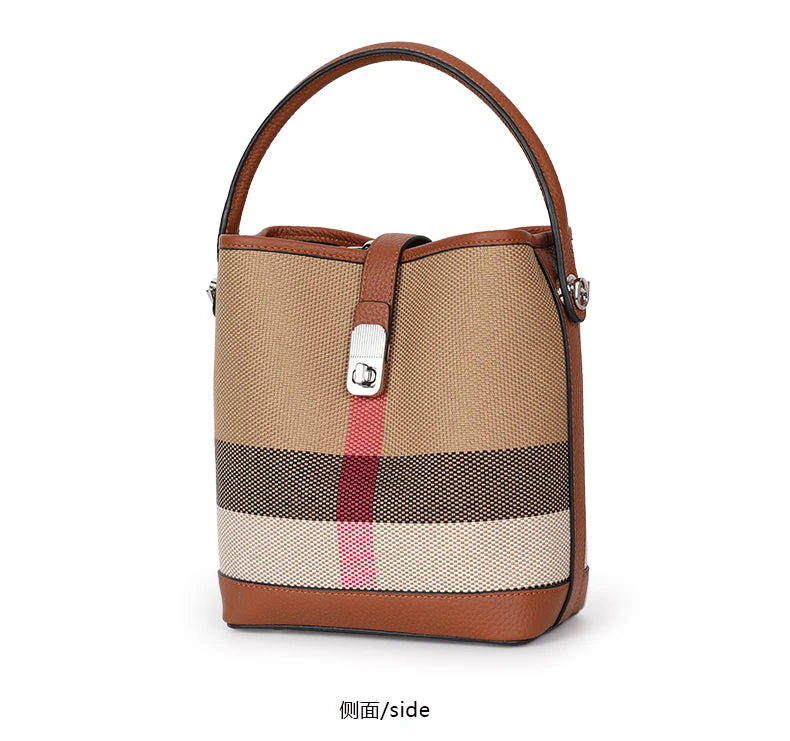 New canvas paired with cowhide women's shoulder crossbody bag, fashionable plaid pattern bucket bag