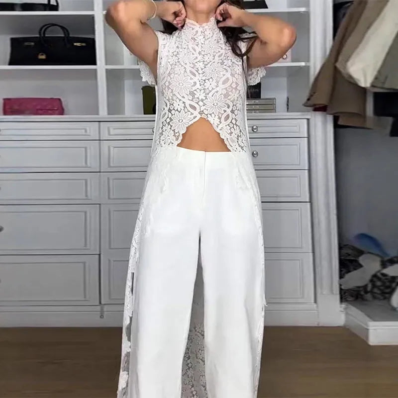 Women Pant Set Stand Collar Lace Sheer Sleeveless Split Front Top Wide Leg Solid Pant Casual Elegant Two Piece Set For Ladies