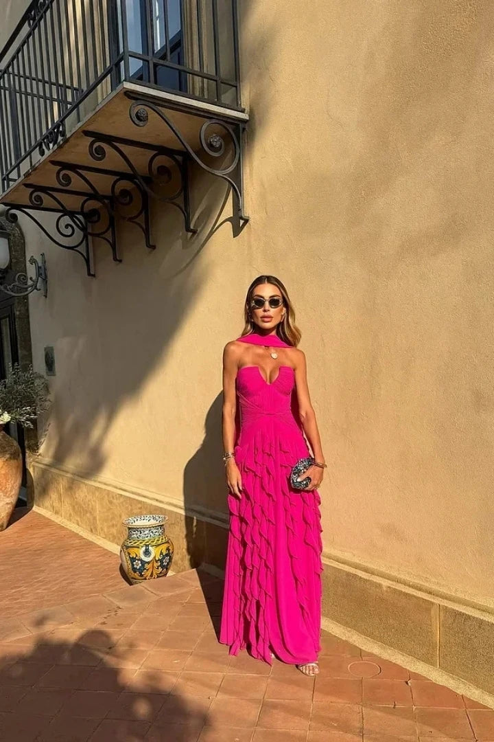 Halter Sweetheart Ruffle Chiffon Evening Gown | Maxi Dress