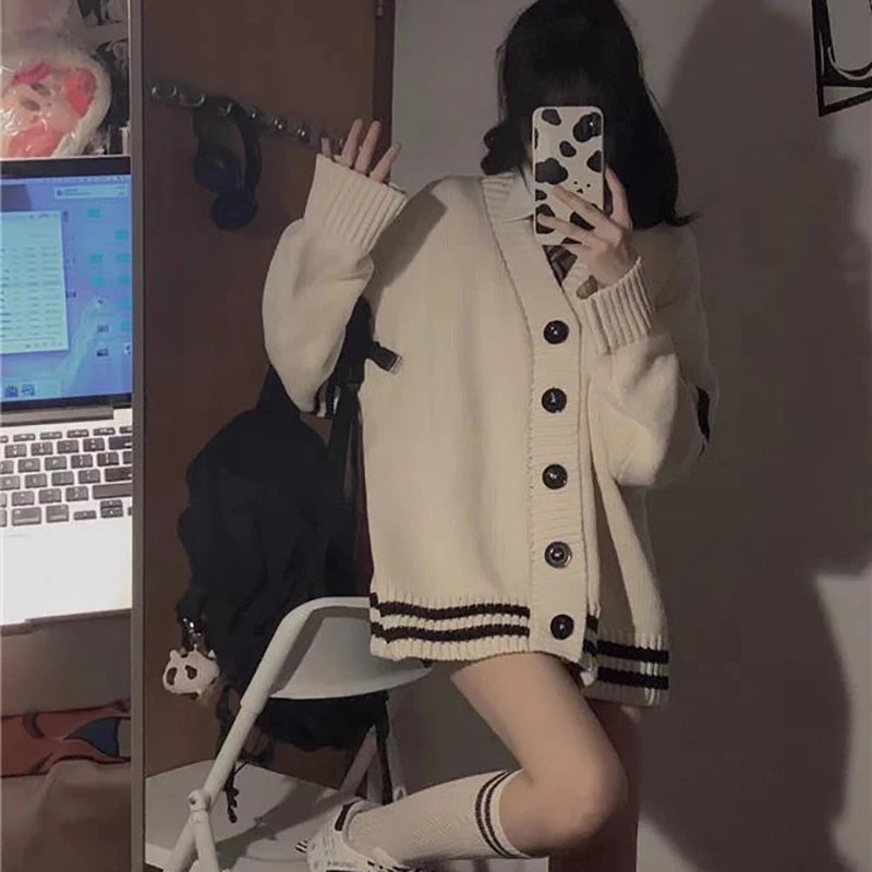 Y2K Striped Loose Cardigan – Vintage V-Neck Knit Sweater Coat