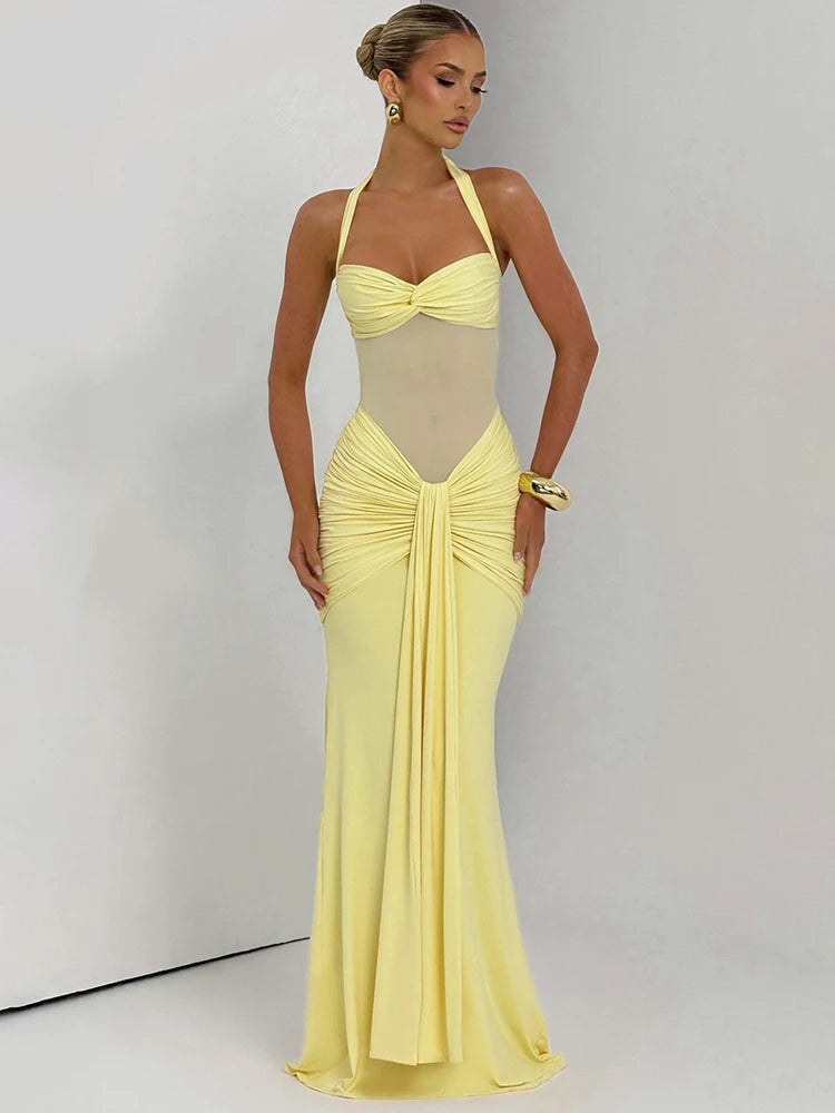 Women’s Halter Backless Maxi Dress – Off-Shoulder Ruched Bodycon Club Party Gown