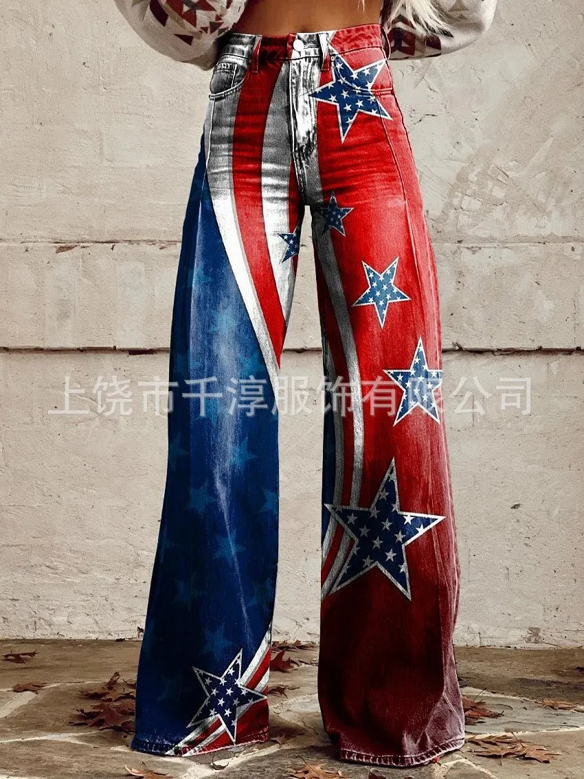 Women's 3D Print Wide-Leg "Jeans" – Trendy Low-Waist Flare Pants