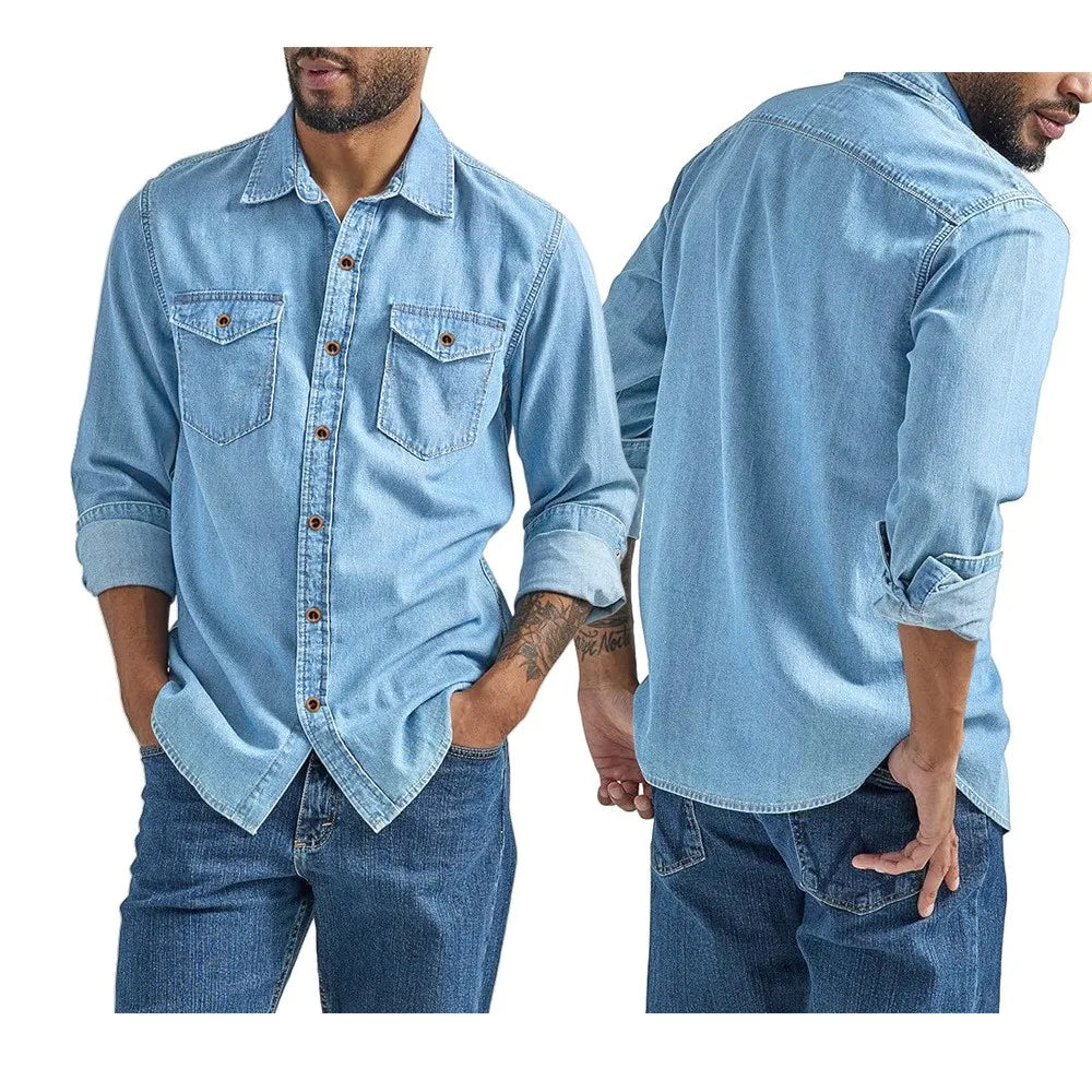 Men's Denim Shirt Slim Fit Light Blue Long Sleeve Casual Top with Two Chest Pockets Button Front Copper Buttons Washed Gray