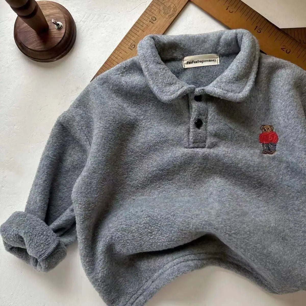 Kids' Bear Embroidered Fleece Polo Sweatshirt