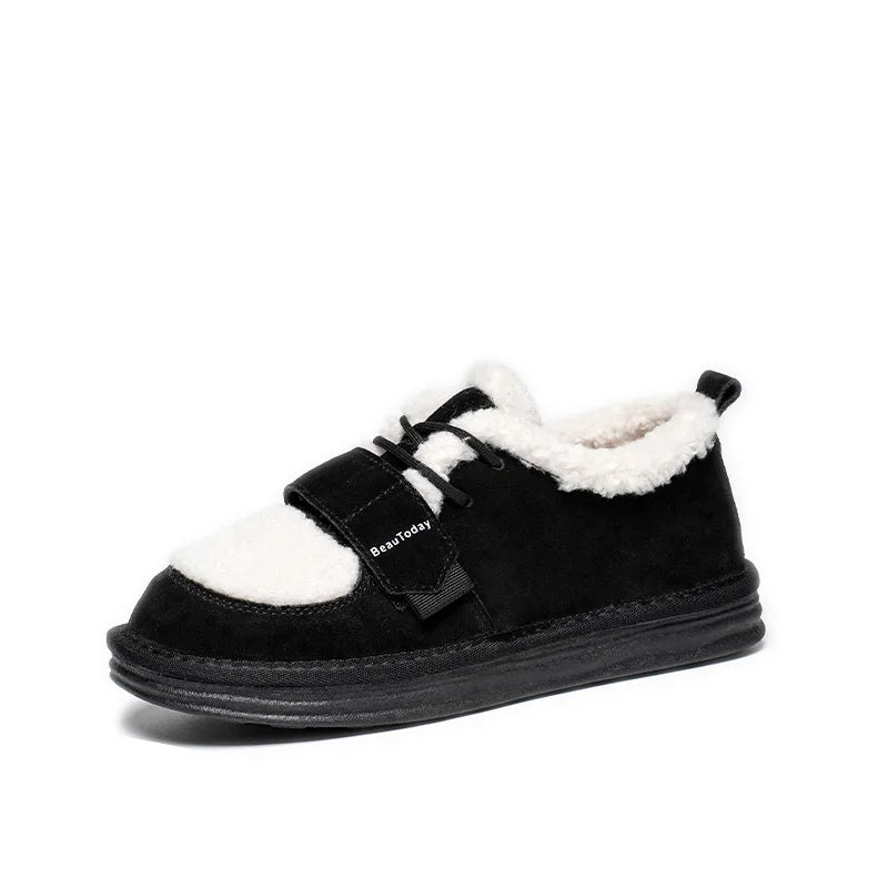 BeauToday Furry Flats Women | Cow Suede Warm Shoes