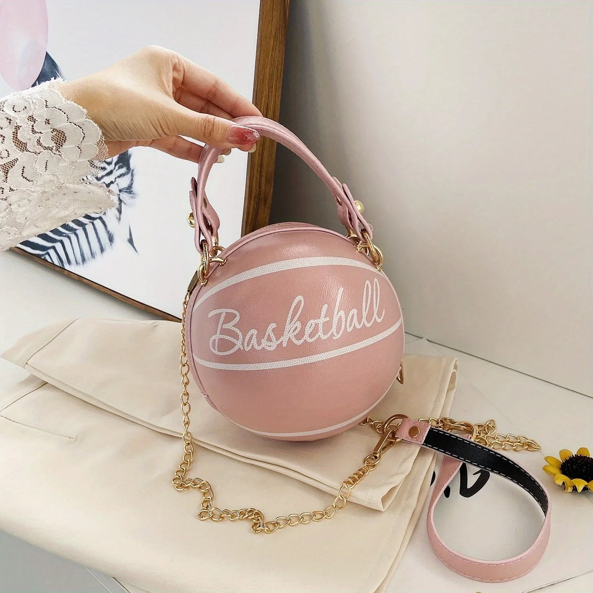 Basketball Shaped Crossbody Bag, Trendy Chain Shoulder Bag, PU Leather Top Handle Circle Purse handbags  women bag