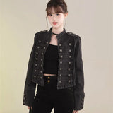 Women's American Retro Denim Military Inspired Cropped Jacket Long Sleeve Stand Collar Casual Y2k Motorcycle Coat