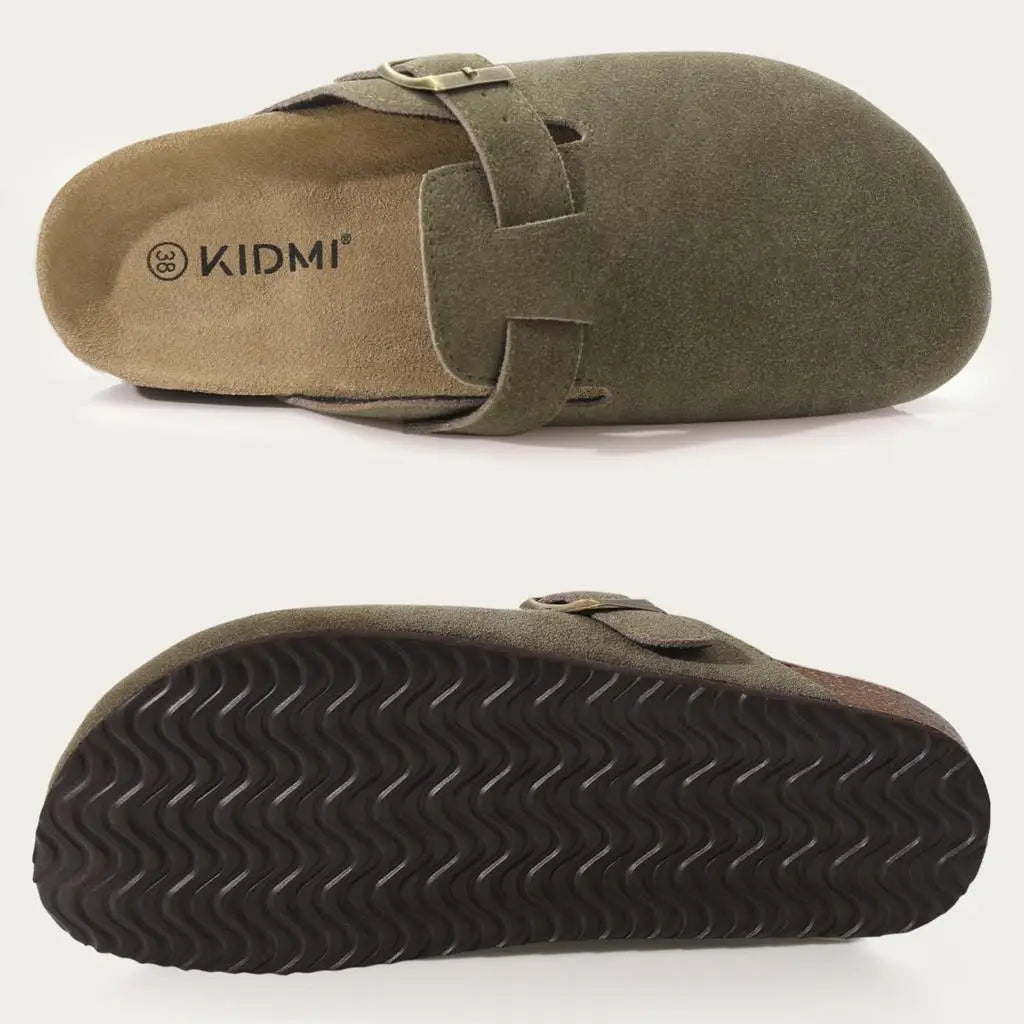 Evshine Men's Suede Clogs Fashion Leather Mules Cozy Footbed Slippers With Adjustable Buckle AntiSlip Cork Slippers Unisex Mules