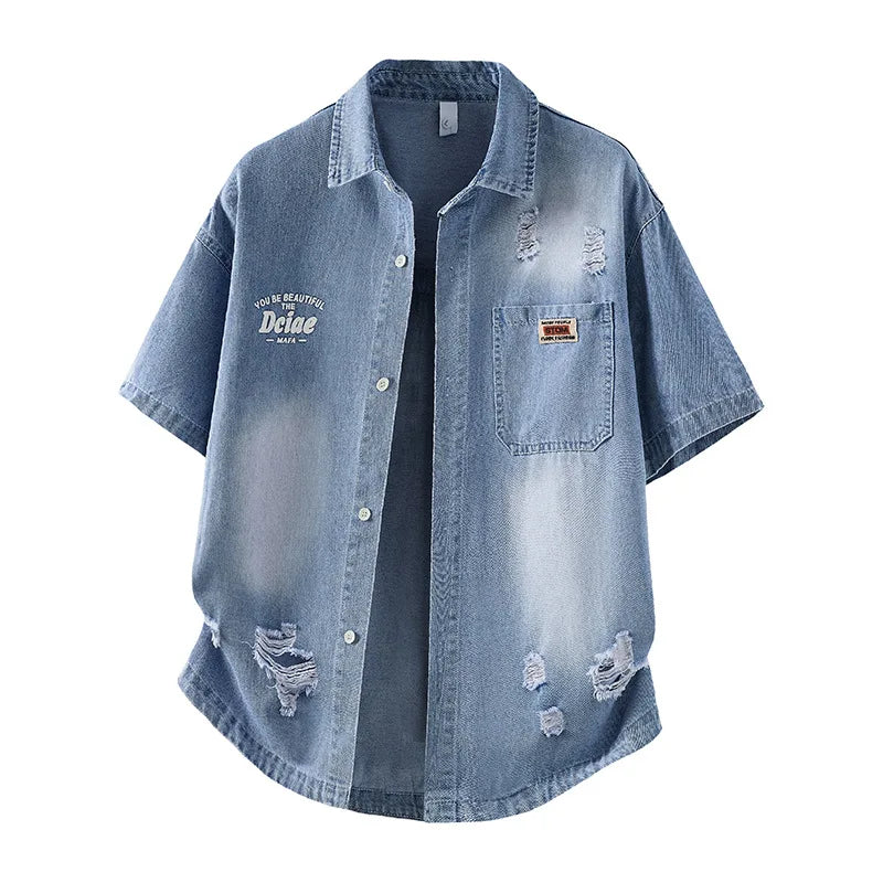 Men's Casual Black Denim Shirt Short Sleeve Loose Fit Gradient Washed RESPECT Embossed Summer Streetwear Button Up Blouse