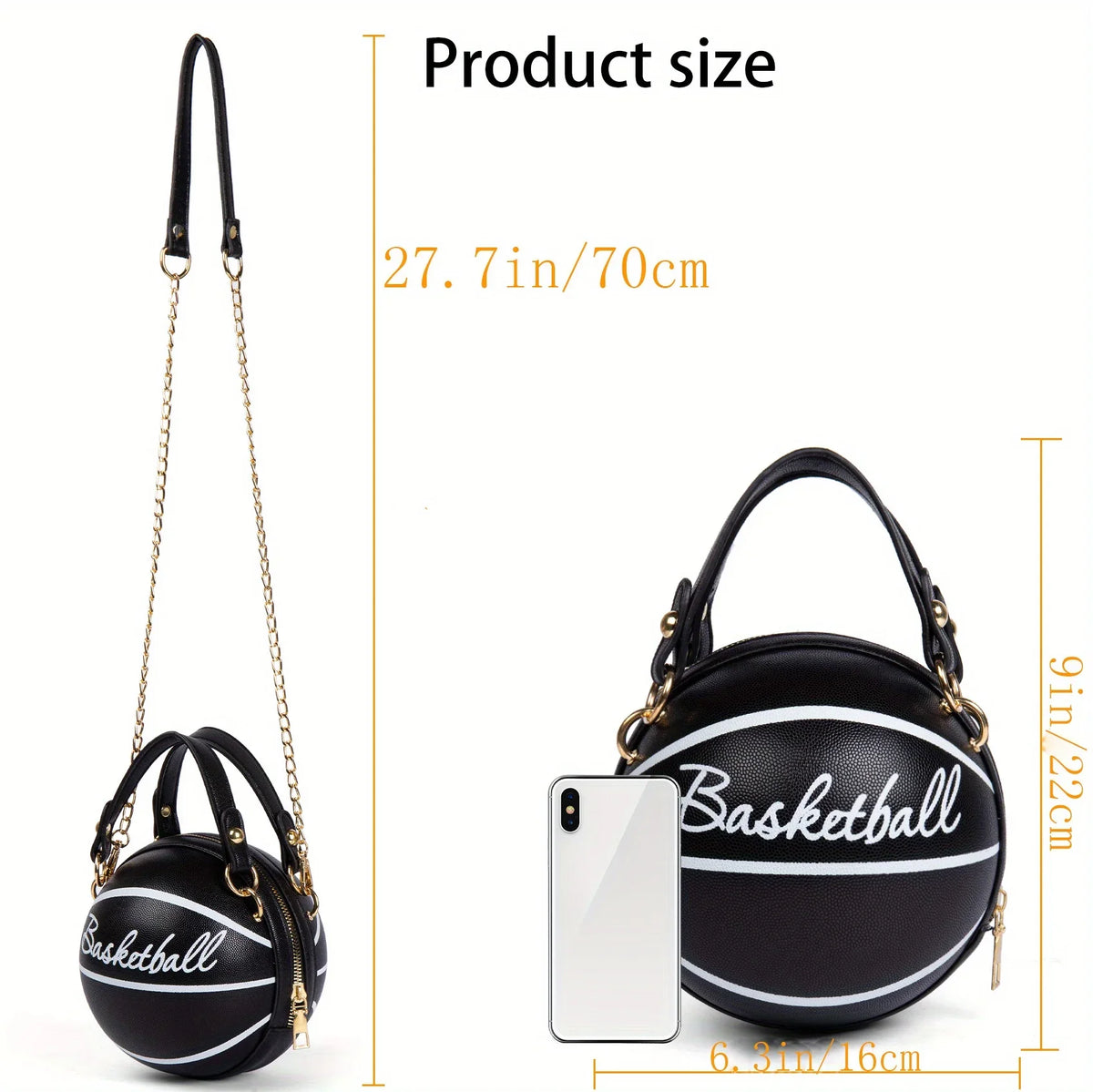 Basketball Shaped Crossbody Bag, Trendy Chain Shoulder Bag, PU Leather Top Handle Circle Purse handbags  women bag