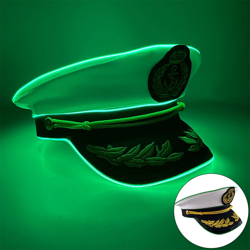 New Luminous White Sailor Captain Yacht Caps Wheat Embroidery LED Glow Navy Marine Hat Men Women Cosplay Halloween Costume Hats