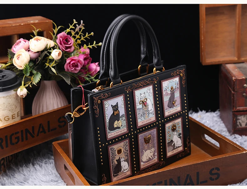 Vintage Luxury Leather Tote – Designer Cat Embroidery Shoulder Bag
