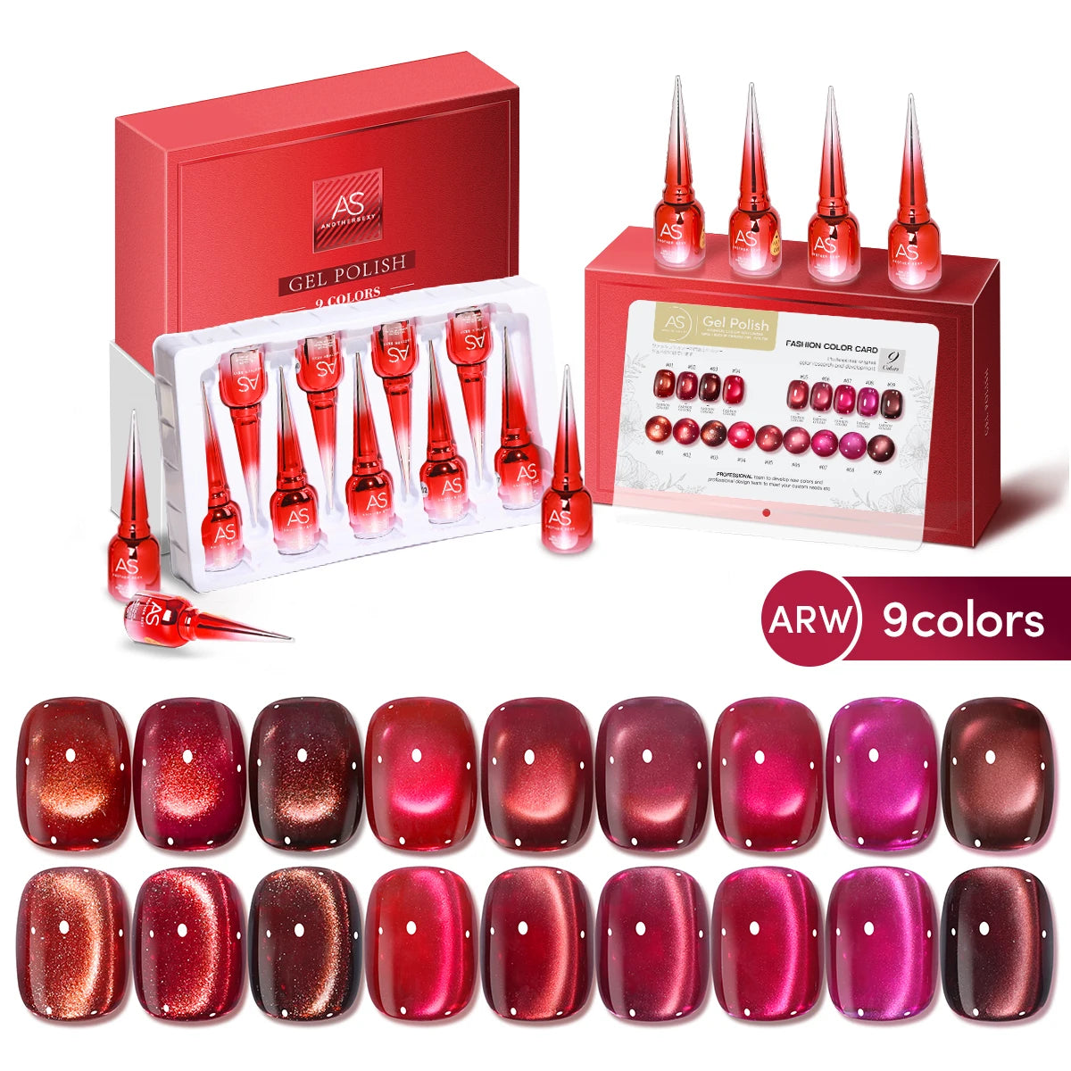 AS 9 Colors Magnetic Cat Eye Gel Nail Polish Set Jelly Pink UV LED Soak Off Gel Varnish Crystal Red Cat Gel Lacquer With Display