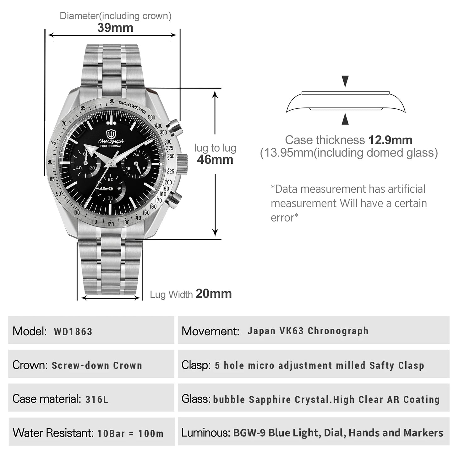 Watchdives WD1863 Chronograph Watch VK63 Quartz Movement Bubble Sapphire Crystal 10Bar Waterproof Luminous 39mm Vintage Watches