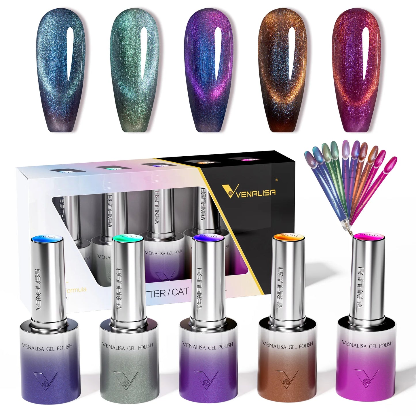 5pcs Venalisa Hema/TPO Free Cat Eye Nail Gel Polish Color Palette Kit Ultra Glitter Diamond Sparkle Soak Off UV LED Varnish Set