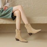 2026 Autumn Cow Suede Women Boots Pointed Toe Chunky Heel Boots for Women Fashion Short Boots Winter Boots Women Western Boots