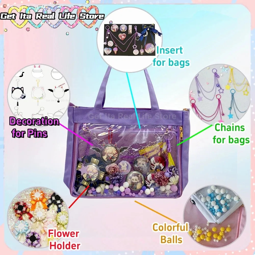 Italife Luxury Large Ita Bag with Ribbon ACG Display Women Blue Big Clear Shoulder Bag with Pin Insert Girl Pink Itabag Bow H201
