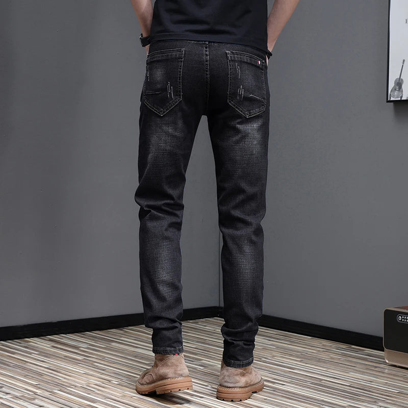 Embroidered Jeans Men's Autumn Winter New Korean Fashion Slim Little Feet Trousers Stretch Vintage Street Denim Trousers Male