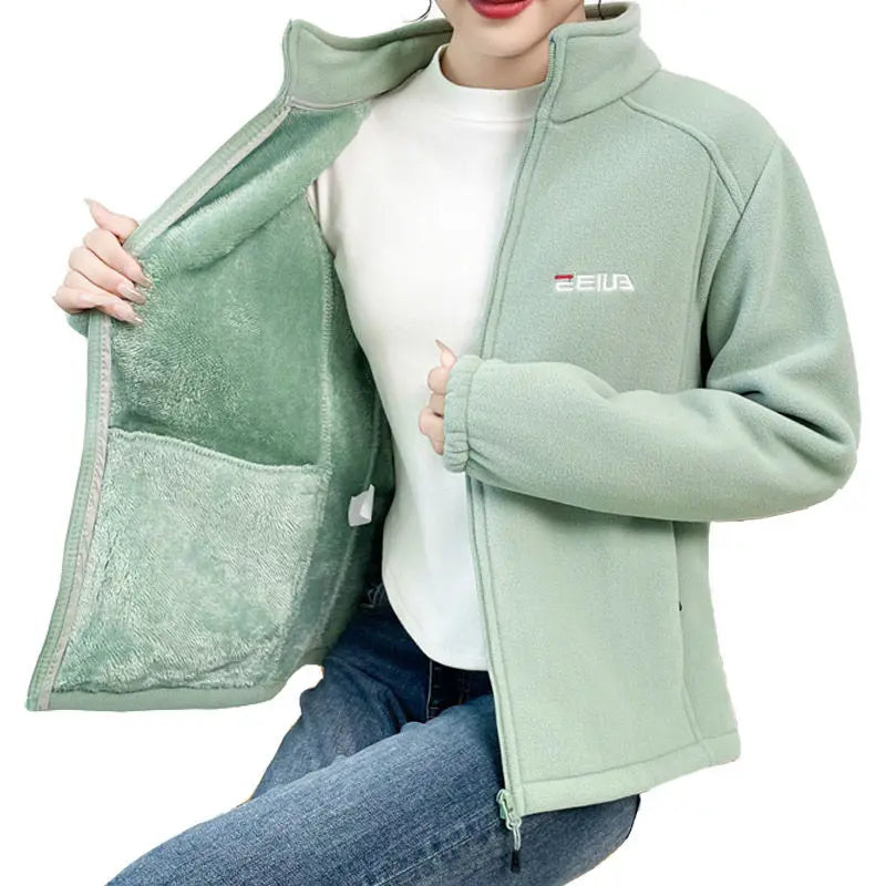 Women's Fleece Zip-Up Jacket with Embroidered Stand Collar