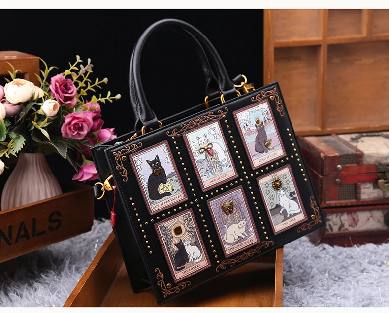 Vintage Luxury Leather Tote – Designer Cat Embroidery Shoulder Bag