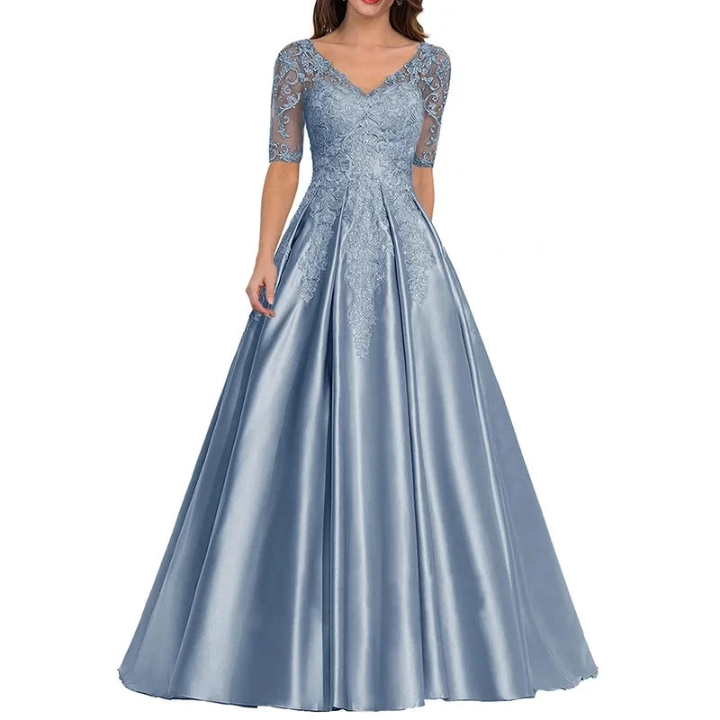 A Line Women Evening Dresses Satin Appliques V Neck Prom Party Gowns Formal Occasion robes de soirée