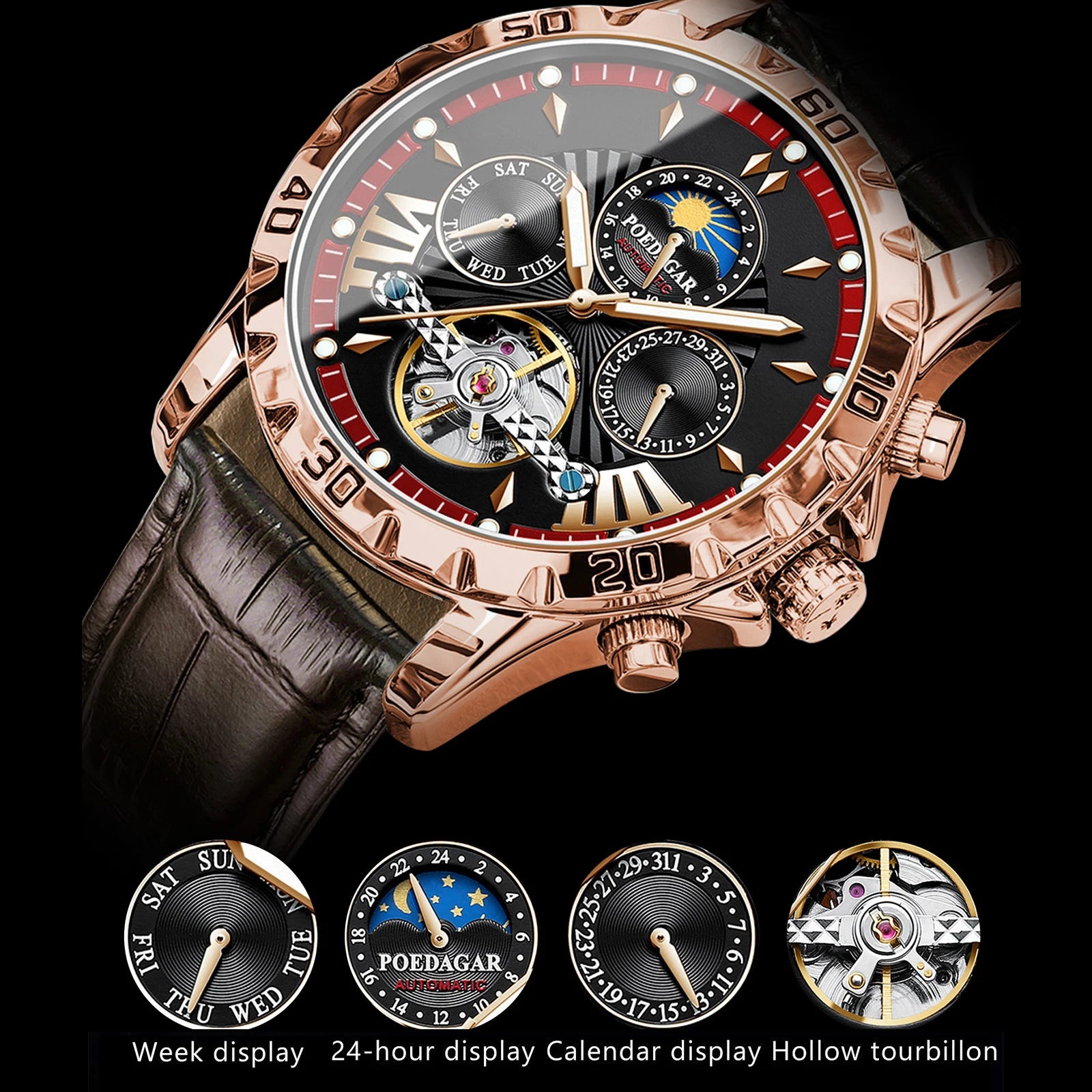POEDAGAR Luxury Automatic Male Watch Date Week Luminous Waterproof Tourbillon Men Watch Leather Fashion Mechanical Men's Watches