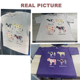 Cute Cartoon Cow Print T-Shirt Pure Cotton Washed Shoulder Round Neck Neutral Style Fashion Trend New High Quality Short Sleeves