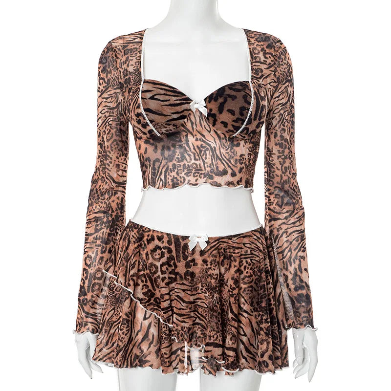 Leopard Print Skinny 2-Piece Set | Mesh Sleeve Crop Top & Ruched Skirt
