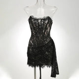 Strapless Lace Mini Dress – Elegant Sheer Patchwork Slim Fit Evening Dress