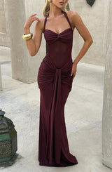 Women’s Halter Backless Maxi Dress – Off-Shoulder Ruched Bodycon Club Party Gown