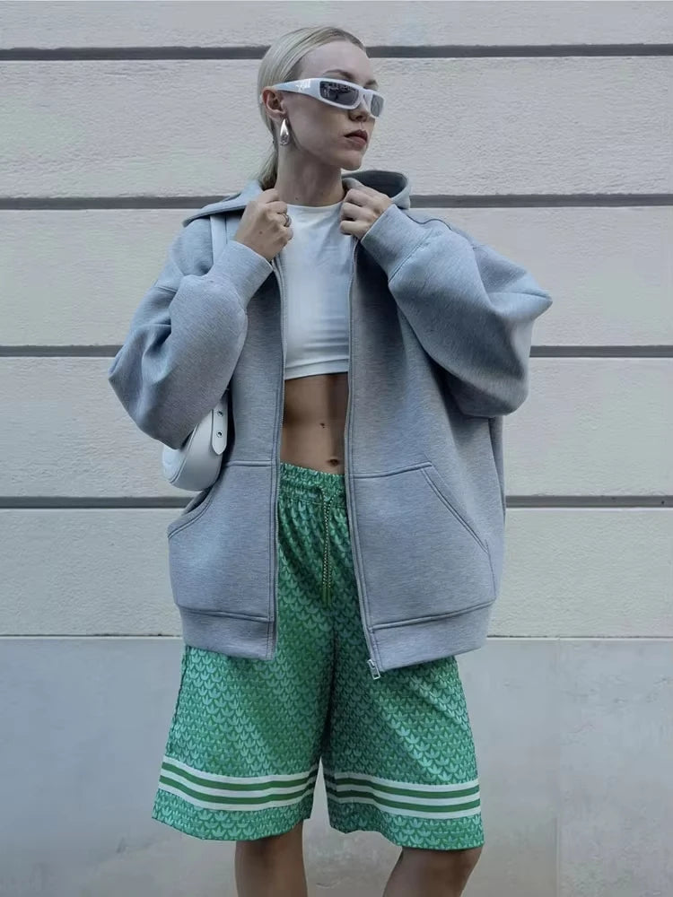 HH Autumn Women Casual Hooded Jacket Loose Oversize Zipper Hoodie Sweatshirts Solid Coat Office Lady Chic Outwear Tops