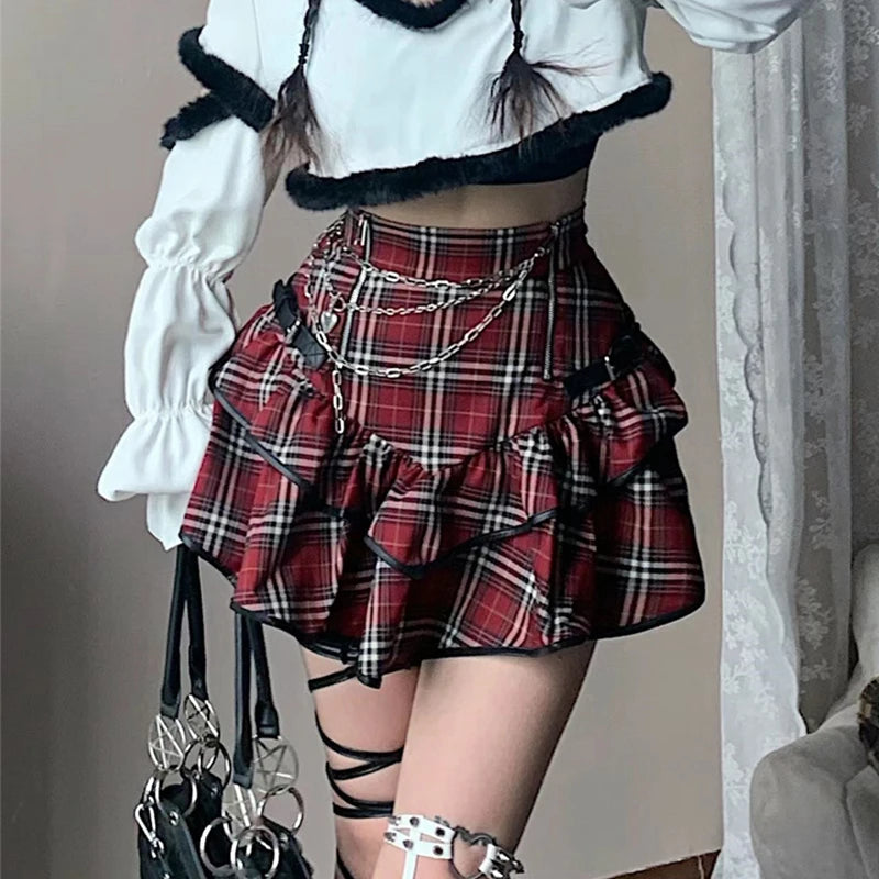 Red Plaid Gothic High-Waist Mini Skirt | Alt Fairycore Y2K