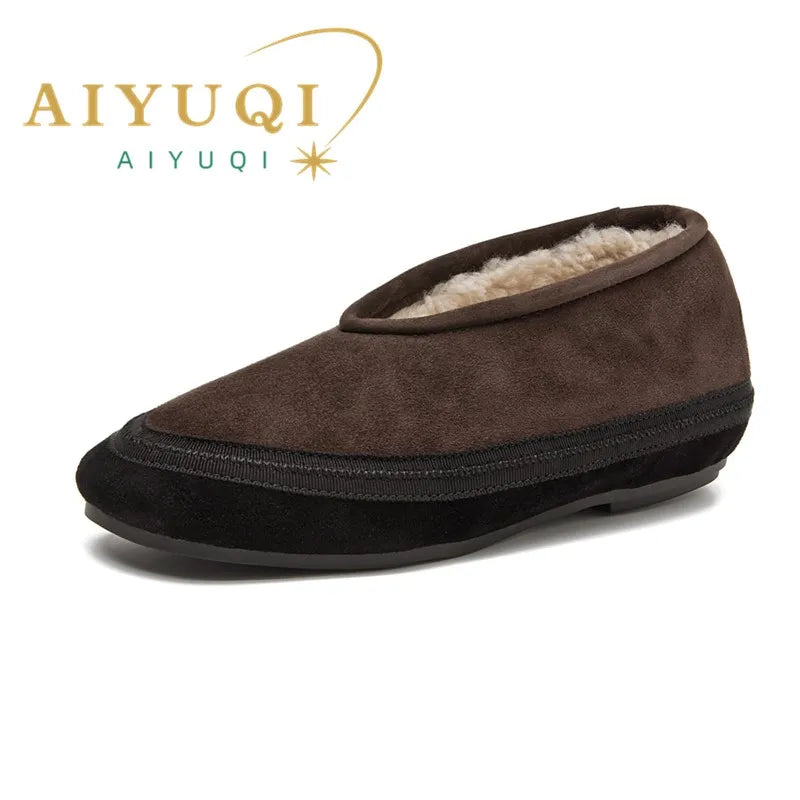 AIYUQI Women's Fur-Lined Leather Ballet Flats – Winter Comfort