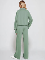 Woman Solid Color Half Zip Long Sleeve Sweatshirt and Wide Leg Pants Set Casual Sporty Two Piece Outfit