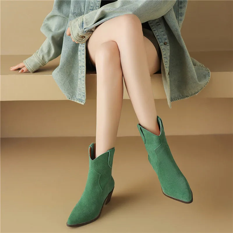 MORAZORA Size 34-44 Cow Suede Leather Western Boots Women Autumn Winter Cowboy Boots Handmade Ankle Boots For Women Shoes