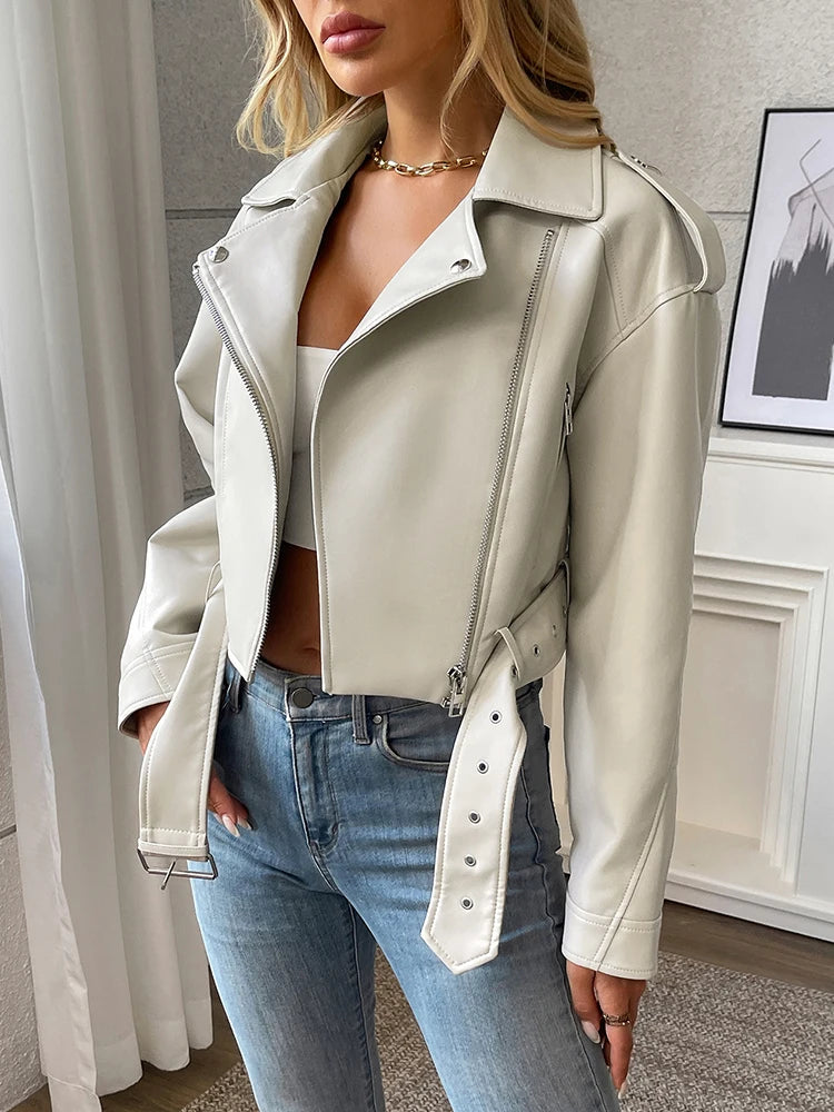 Ailegogo Spring Autumn Women Faux Pu Leather Short Jacket with Belt Motorcycle Biker Female Zipper Lapel Loose Coat Outwear