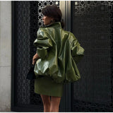 Vintage Green Leather Skirt Sets Women Fashion Solid Strapless Short Skirts Zipper Jacket Outfits Lady Daily Highstreet Outfits