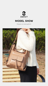 Zency Stylish Women Shoulder Bag 100% Genuine Leather Large Capacity Handbag Multifunction Satchel Bag Backpack Brown 2 in 1 Bag