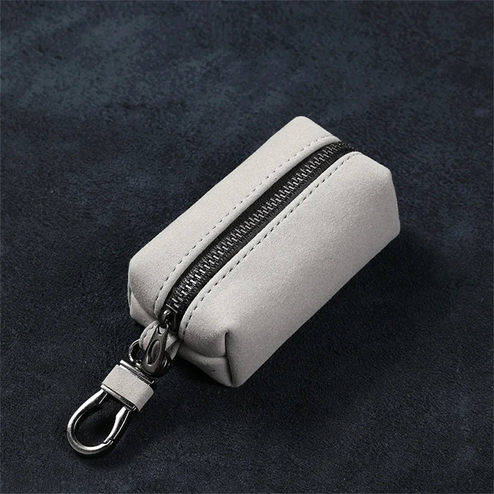Portable Keychain Wallet for Men Women Large-Capacity Double Zipper Key Pouch Bag Suede Leather Key Case Unisex Coin Purse